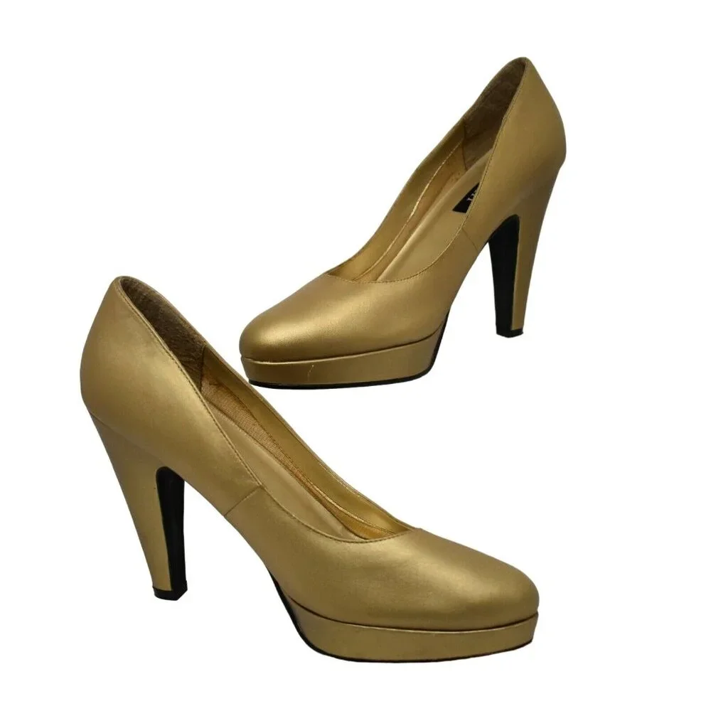 Cami Womens 8 Gold Leather Platform Heel Pumps Party Wedding - Picture 8 of 11